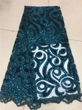 Encaje de red de lentejuelas nigerianas francesas, tejido de encaje de malla de terciopelo africano con Secuencia de alta calidad para vestido de boda de 5 yardas por lote 2024 - compra barato