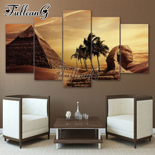 Fullcang 5 peça diy pintura diamante pirâmides egito & pôr do sol cenário quadrado completo/broca redonda 5d bordado multi-imagem fc665 2024 - compre barato