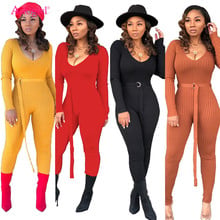 Adogirl Solid Ribbed Knitting Skinny Jumpsuit with Belt Women Sexy Deep V Neck Long Sleeve Casual Romper Club Overall Tracksuit 2024 - buy cheap