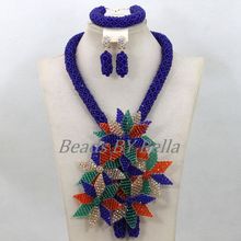 2017 Nuevo diseño flores azules collar nigeriano joyería nupcial conjuntos boda Africana cristal encaje joyería conjunto envío gratis ABK579 2024 - compra barato