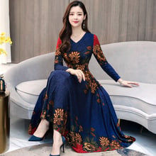 Blue V Neck Floral Dress Elegant Ladies Midi Vestido Long Sleeves Big Swing Plus Size Autumn Dresses High Quality Vintage Casual 2024 - buy cheap