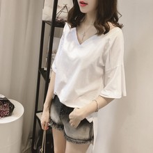 Women Summer Casual T-shirt V-neck Sexy Tops Female Long Section Short Sleeve Loose Tee Shirt Tops Solid Color 2024 - buy cheap
