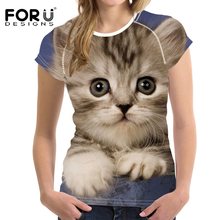 FORUDESIGNS-Camiseta holgada con estampado 3D de gato para mujer, camisetas de manga corta con cuello redondo para adolescentes, moda 2019 2024 - compra barato