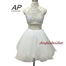 Angelsbrief halter pescoço curto/mini baile vestido 2021 para a formatura cristais de luxo sem costas vestidos feitos sob encomenda 2024 - compre barato