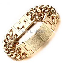 2016 New List Top Quality Man's Gold  Spanish Bible Stainless Steel Two Row Chain Cross ID Bracelet 18mm 8.26'' 2024 - buy cheap
