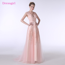 Vestido de noite feminino liso a-line, cor-de-rosa, renda de tule, transparente, longo, vestido de baile, formatura 2024 - compre barato