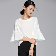 100% Silk Blouse Women White Shirt Solid O Neck Three-quarter Butterfly Sleeves Simple Design Plus Sizes Top New Fashion 2018 2024 - buy cheap