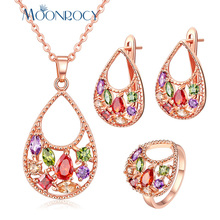 MOONROCY Rose Gold Color Colourful CZ Crystal Necklace Earrings and Ring Jewelry Set for Women Drop Shipping Jewelry Waterdrop 2024 - buy cheap