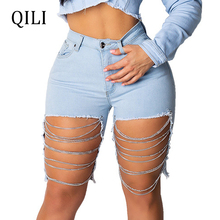 QILI Women Jeans Sexy Hole Chain Summer Jeans Zipper Rear Pockets Skinny 1/2 Pants Black and Light blue 2019 2024 - buy cheap