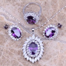 Purple Cubic Zirconia White CZ Silver Plated Jewelry Sets Earrings Pendant Ring Size 6 / 7 / 8 / 9 / 10 S0065 2024 - buy cheap
