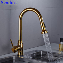 Senducs Gold Pull Out Kitchen Faucet Deck Mounted Pull Down Kitchen Mixer Tap Home Health Water Tap Solid Brass Kitchen Faucet 2024 - buy cheap
