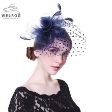 WELROG Women Wedding Hats With Face Veil Bridal Headwear Nightclub Feathers Linen Hat for Brides Fascinator with Clips Hairband 2024 - buy cheap