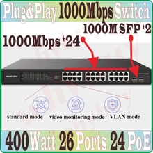 Conmutador Ethernet de 24 puertos, conmutador de red RJ45, 26 puertos 2 SFP 24 PoE 400W 1000Mbps, conmutador VLAN IEEE802.3af/at, máximo PoE 400 vatios 2024 - compra barato