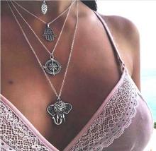 Seblasy Vintage Punk Multi Layer Clavicle Chain Elephant Compass Hamsa Hand Leaves Necklaces & Pendants for Women Party Jewelry 2024 - buy cheap