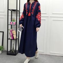 Floral Embroidered Ethnic Dress Cotton Linen Lantern Long Sleeve Maxi Dress Black Blue White Loose Long Dress Women AF113 2024 - buy cheap