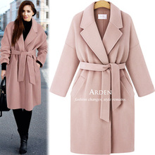 2019 Autumn and Winter Clothing New Large Size Women's Solid Color Tie Windbreaker Loose Coat Long Wool Coat 2024 - buy cheap