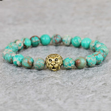 2017 Hot Sale Mens Jewelry New Design 8mm Green Sea Sediment Stone Beads Antique Color Lion Bracelets, Party Gift 2024 - buy cheap