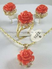 Anillo de flor tallada en Coral Rosa, conjunto de colgante de collar, joyería, 12MM 2024 - compra barato