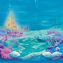 Sob o mar mundo fundo azul impresso algas estrelas do mar bolhas ouro castelo pequena sereia festa de aniversário foto pano de fundo 2024 - compre barato