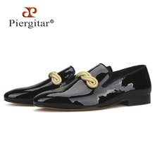 Piergitar 2019 handmade men loafers with gold rape designs Patent Leather wedding and party slip-on men's dress shoes plus size 2024 - buy cheap