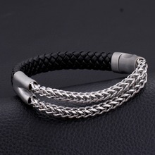 HaoYi Trendy Men's Braided Leather Bracelet Double Layer Stainless Steel Chain Accessories Punk Jewelry 2024 - buy cheap