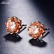 Blaike Korea Champagne/Blue/Purple/White Round Cubic Zircon Stud Earrings For Women Rose Gold Flower Filled Minimalist Gifts 2024 - buy cheap