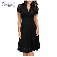 Nemidor 2018 Hot Sales Women Vintage V-neck A-line Retro Dresses Casual Short Sleeve Elegant Black Lace Midi Dress 2024 - buy cheap