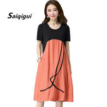 Saiqigui 2019 Summer dress women Chinese Style Short sleeve casual loose Patchwork O-Neck cotton Linen dress vestidos de festa 2024 - buy cheap
