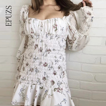 Summer dress 2019 Vintage white floral print Dress women sexy mini elastic wasit ruffles dress summer chiffon korean boho dress 2024 - buy cheap