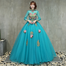New Peacock blue long sleeve lady girl women princess bridesmaid banquet  singing performance party dress gown 2024 - buy cheap