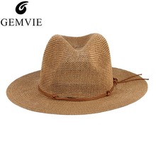 GEMVIE New Summer Hat Panama Hats Hollow Out Straw Hat For Men Women Leather Ribbon Large Brim Sun Beach Hat Jazz Cap Fedora 2024 - buy cheap