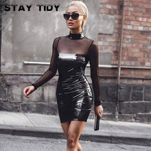 STAY TIDY Sexy Skinny PU Patchwork Mesh Dress 2017 Autumn Women Long Sleeve Holllow Out Dress Party Club Bodycon Vestidos 2024 - buy cheap