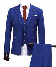 Azul real gentil-terno 3 peças terno do noivo dos homens terno masculino magro ajuste ternos formais feitos sob encomenda do casamento (jaqueta + calças + colete) 2024 - compre barato