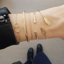 Pulseira com faixas de cristal douradas feminina, conjunto de joias com pulseiras ajustáveis feitas de cristal dourado 2024 - compre barato