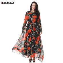 IEASYSEXY 2017 Chiffon Queda Boêmio Vestido Estampado Tamanho Grande Outono Vestido Tornozelo-Comprimento O-pescoço Vestidos De Verano Para M-6XL tamanho 2024 - compre barato