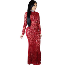 OKAYOASIS Sexy High Neck Long Sleeve Autumn Winter Dress 2017 New Women Fashion Sequin Dress Elegant Party Long Dress Vestidos 2024 - buy cheap