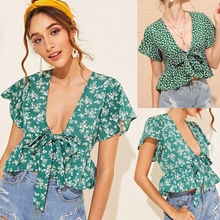 Women Summer Boho Floral Short Sleeve V-Neck Shirts Ladies Casual Crop Top Blouse Beach Holiday 2024 - buy cheap