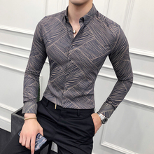 2018 autumn new wind men's long-sleeved shirt Korean Slim stripes tight night field flower shirt, casual shirts, for men, square collar, england style, single breasted, ku pai 2024 - buy cheap