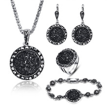 4pcs Black Broken Stone Vintage Wedding Jewelry Sets For Women Antique Silver Plated Crystal Pendant Necklace Earrings Ring Set 2024 - buy cheap