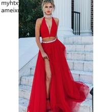 2021 Sexy Red Evening Dresses A-line Floor Length Side Split Backless Sweep Train Evening Gowns Custom Made Robe De Soiree 2024 - buy cheap