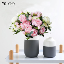 Buquê de flores artificiais de seda falsa, 5 unidades/buquê de peônias, rosa, branco, casamento, decoração para casa, sala de estar 2024 - compre barato