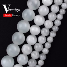 Wholesale Natural Stone Beads White Cat Eye Smooth Round Loose Beads For Jewelry Making 4 6 8 10 12mm Pick Size Diy Bracelet 15" 2024 - buy cheap