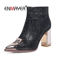 ENMAYER Ankle boots Shoes Woman High Heels Pointed Toe Winter Boots Solid Motorcycle Boots Thick Heels Size 34-42 Metal CR1679 2024 - buy cheap