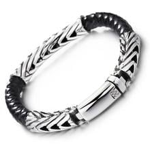 Granny Chic Punk Silver Color Link Chain Stainless Steel Black Leather Bracelet For Men Fashion Bracelet Gift Jewelry 2024 - buy cheap