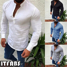 Camisas informales de mezcla de lino para hombre, camisas ajustadas de manga larga, camisetas transpirables suaves con cuello en V, Tops de Color sólido 2024 - compra barato