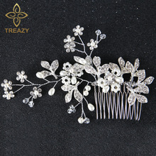 TREAZY-peines para el pelo de novia hechos a mano, accesorios de joyería para el cabello, perlas de imitación, hojas de cristal, flores, para dama de honor 2024 - compra barato
