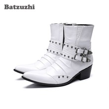 Western Cowboy Men Boots 6.5cm Heels White Genuine Leather Punk Style Iron Pointed Toe Military Motorcycle High Top Botas Hombre 2024 - buy cheap