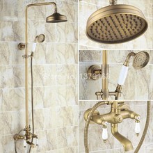 Antique Brass Two Ceramic Handle Bathroom Rain Shower Faucet Set Tub Mixer Tap + 8" Round Rain Shower Head + Handshower ars147 2024 - buy cheap