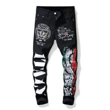 New Men Skinny Jeans Knee Ripped Hole Destroyed Distressed Pencil Pants 2019 Spring Hip Hop Stretchy Printed Black Jeans 2024 - buy cheap