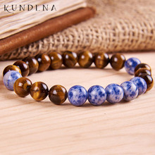 Pulsera con cuentas de ojo de tigre para hombre, pulsera elástica de piedra Natural, regalo de Mala, punto azul y blanco 2024 - compra barato